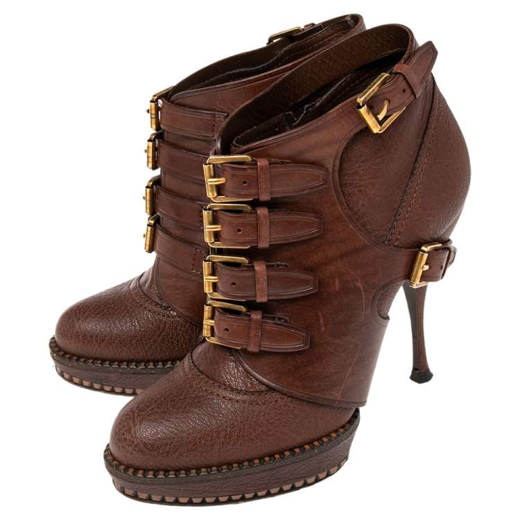 Pre Owned Dior Brown Leather Cavaliere Platform Ankle Boots Size 36.5