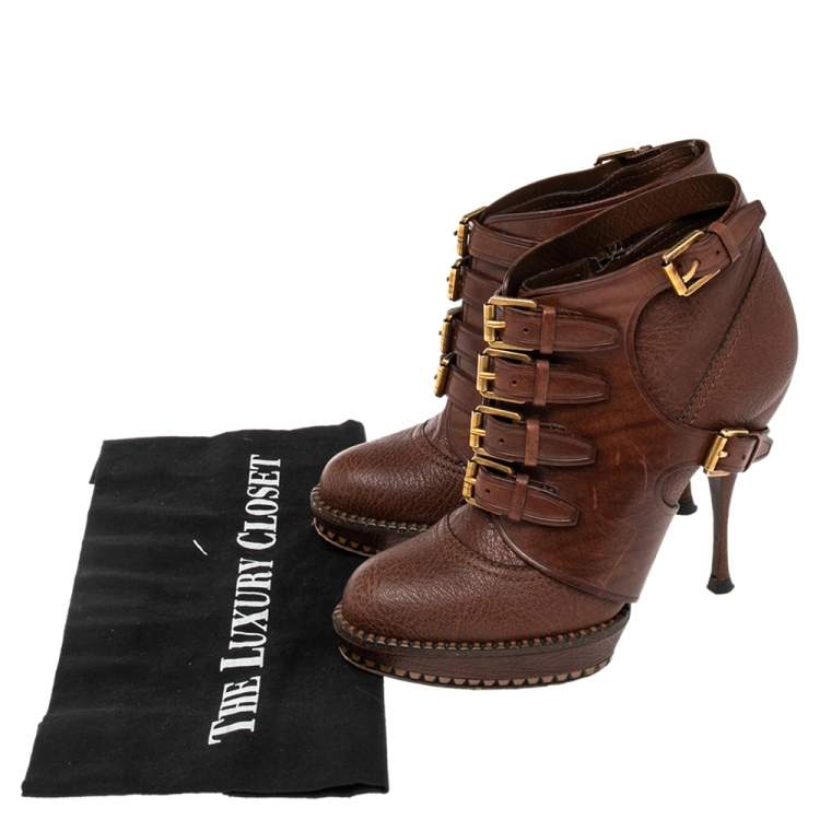Pre Owned Dior Brown Leather Cavaliere Platform Ankle Boots Size 36.5