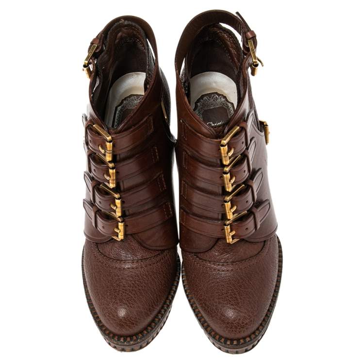 Pre Owned Dior Brown Leather Cavaliere Platform Ankle Boots Size 36.5