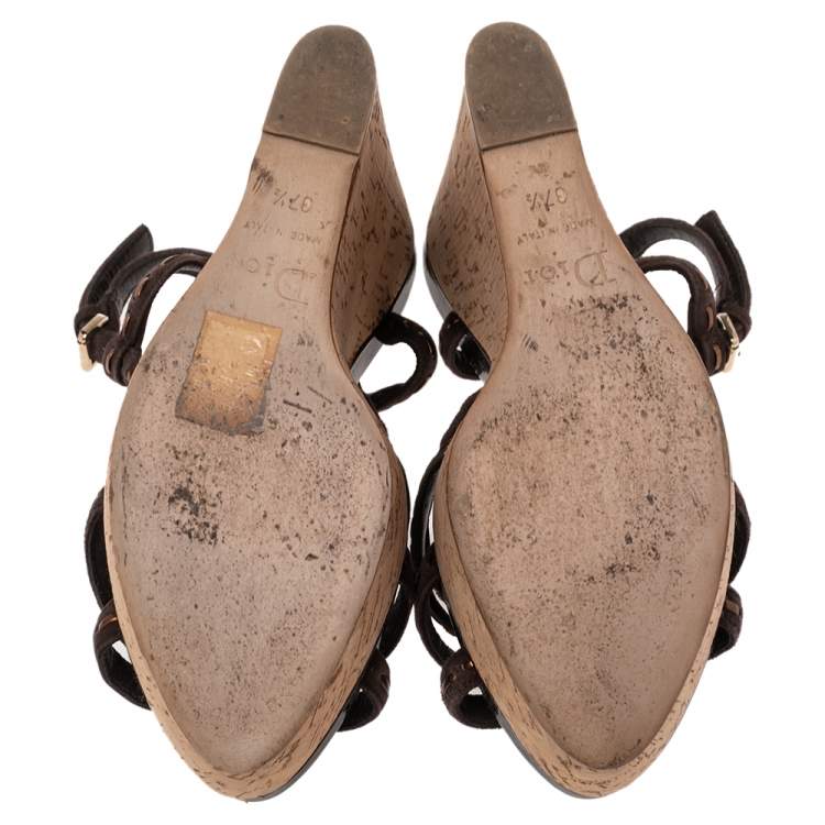 Pre Owned Dior Dark Brown Suede and Patent Leather Antica Wedge Sandals Size 37.5