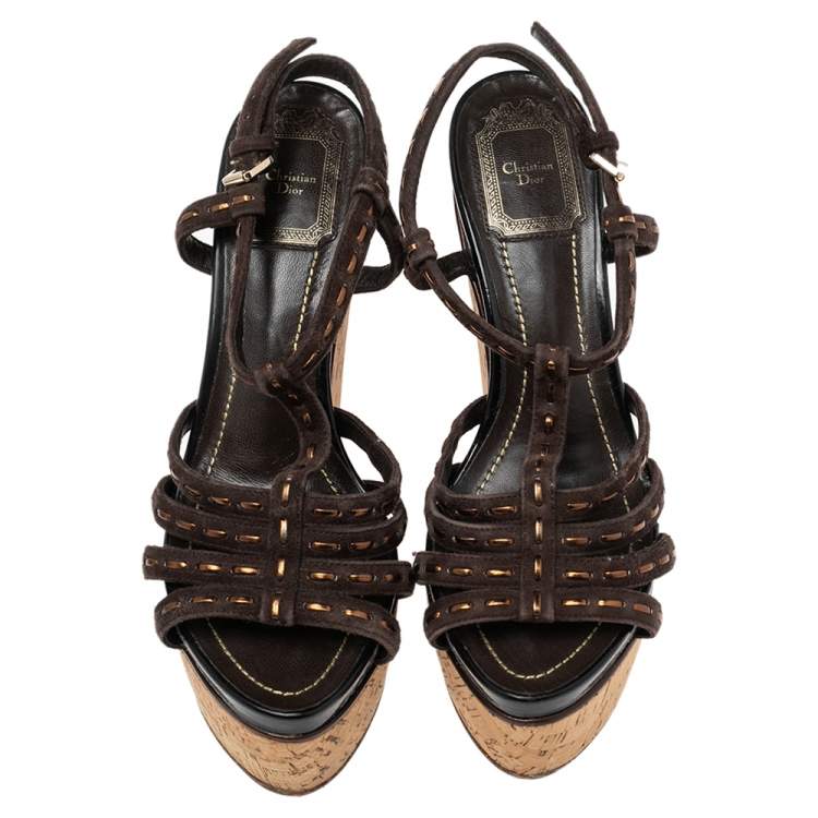 Pre Owned Dior Dark Brown Suede and Patent Leather Antica Wedge Sandals Size 37.5