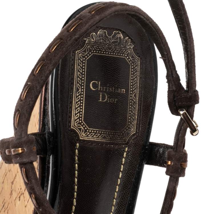 Pre Owned Dior Dark Brown Suede and Patent Leather Antica Wedge Sandals Size 37.5