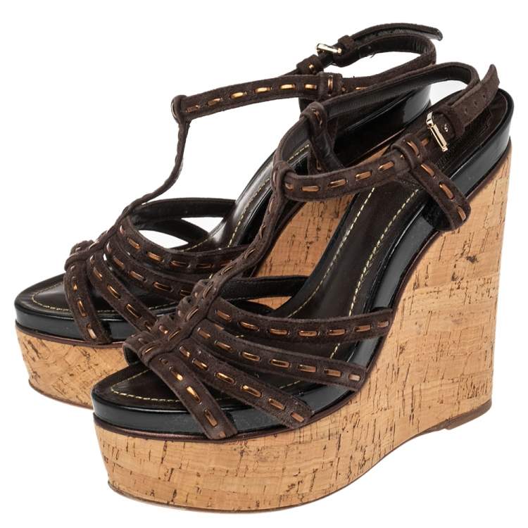Pre Owned Dior Dark Brown Suede and Patent Leather Antica Wedge Sandals Size 37.5