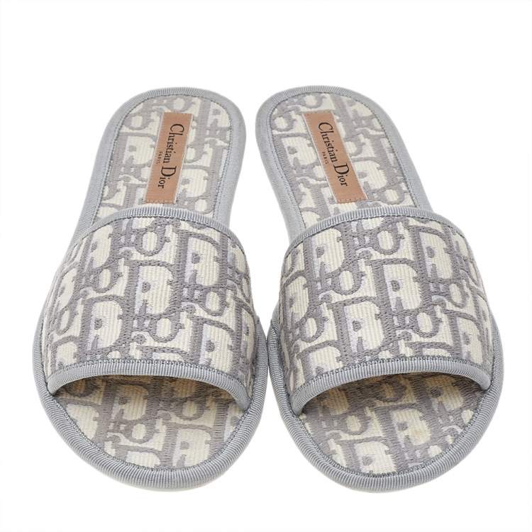 Pre Owned Dior Grey Fabric Oblique Chez Moi Flat Slide Sandals 37.5