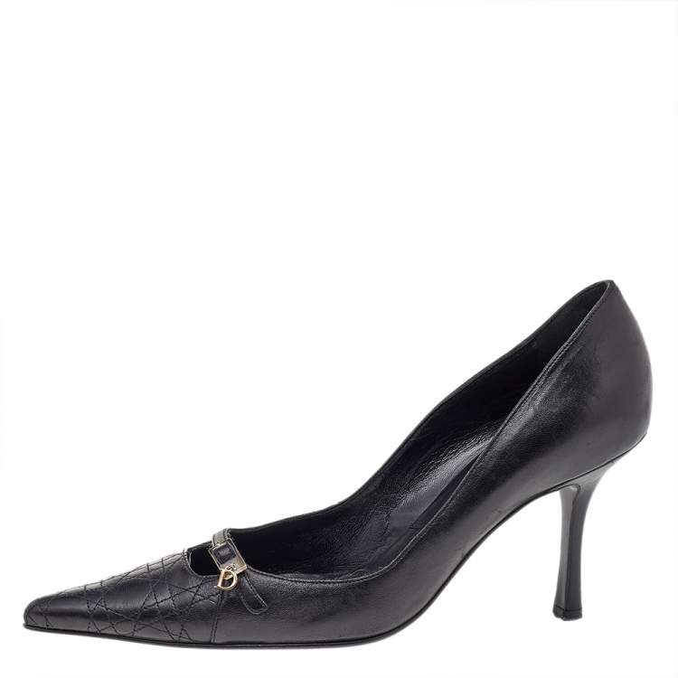 Pre Owned Dior Black Cannage Leather Buckle Pointed Toe Pumps Size 37.5