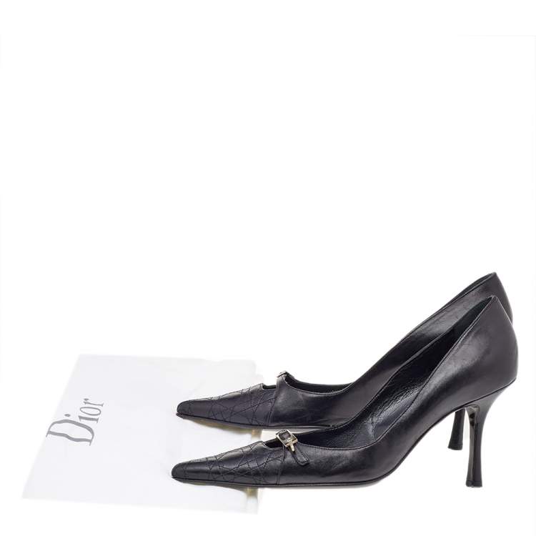 Pre Owned Dior Black Cannage Leather Buckle Pointed Toe Pumps Size 37.5
