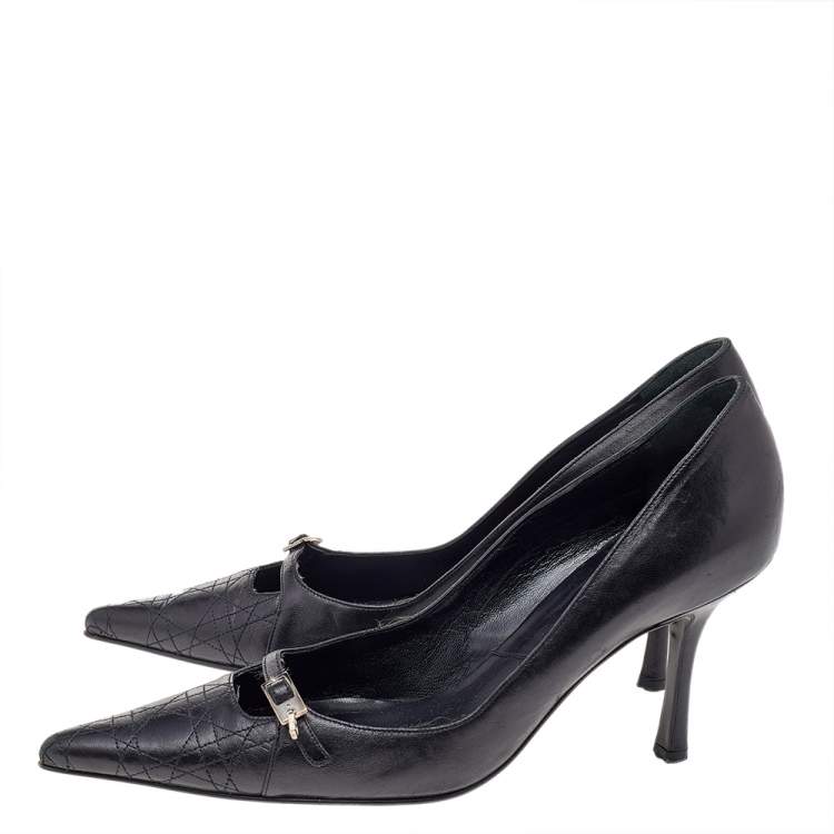 Pre Owned Dior Black Cannage Leather Buckle Pointed Toe Pumps Size 37.5