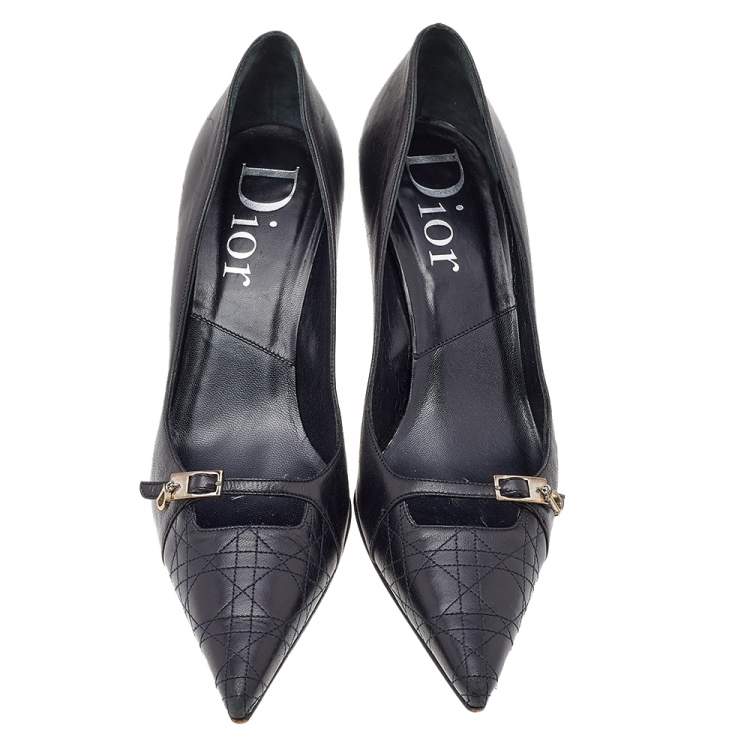 Pre Owned Dior Black Cannage Leather Buckle Pointed Toe Pumps Size 37.5