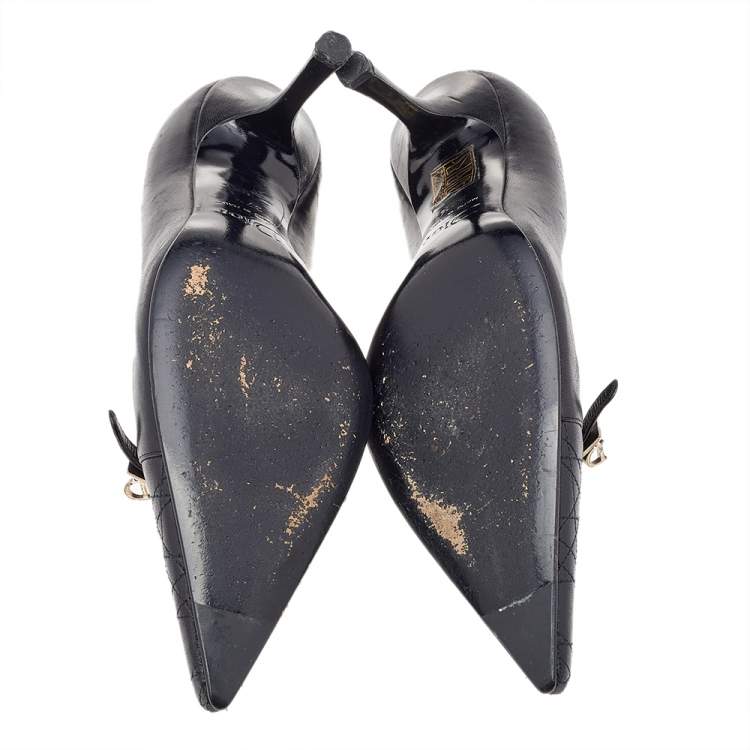 Pre Owned Dior Black Cannage Leather Buckle Pointed Toe Pumps Size 37.5