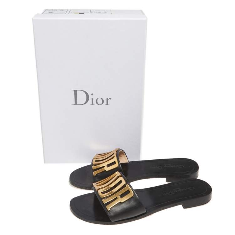 مملوكة مسبقًا Dior Black Leather Logo Flat Sandals Size 40