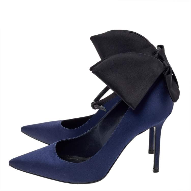 Pre Owned Dior Navy Blue Satin Bow Ankle Strap Pointed Toe Pumps Size 37.5