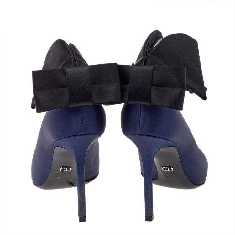 Pre Owned Dior Navy Blue Satin Bow Ankle Strap Pointed Toe Pumps Size 37.5