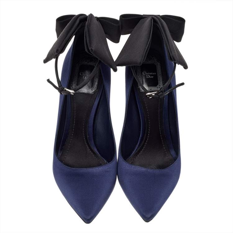 Pre Owned Dior Navy Blue Satin Bow Ankle Strap Pointed Toe Pumps Size 37.5