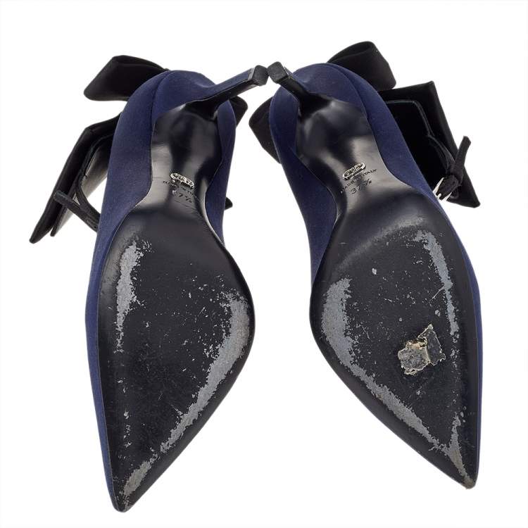 Pre Owned Dior Navy Blue Satin Bow Ankle Strap Pointed Toe Pumps Size 37.5