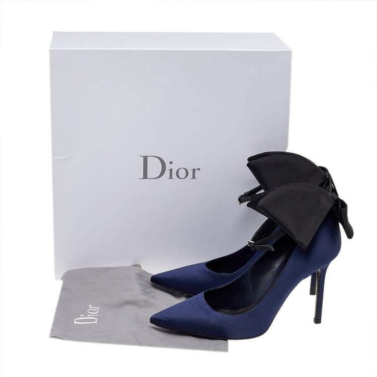 Pre Owned Dior Navy Blue Satin Bow Ankle Strap Pointed Toe Pumps Size 37.5