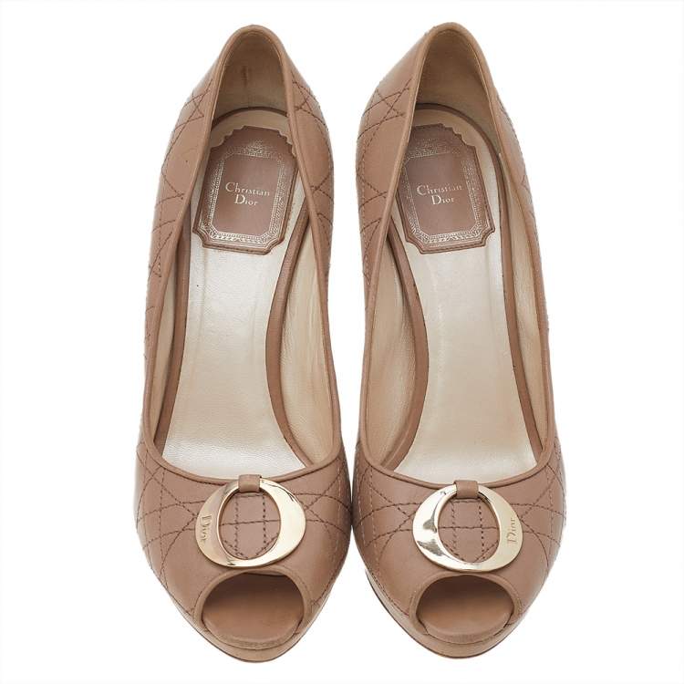 مملوكة مسبقًا Dior Beige Cannage Leather Peep Toe Pumps Size 37