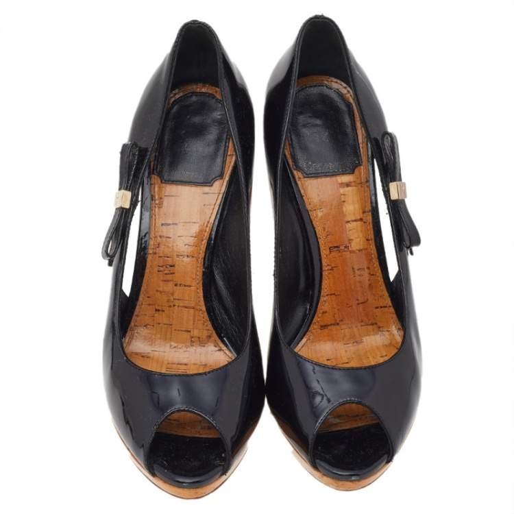 Pre Owned Dior Black Patent Leather Peep Toe Pumps Size 37