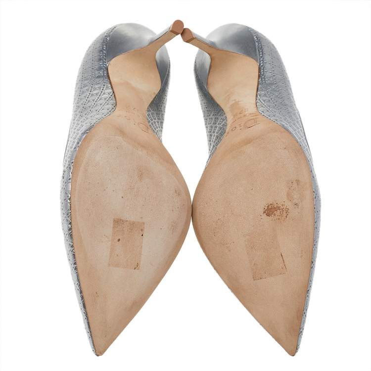 Pre Owned Dior Metallic Silver Cannage Leather Pointed Toe Pumps Size 37.5