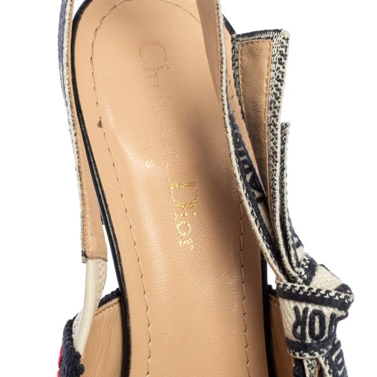 Pre Owned Dior Navy Blue/Red Heart Embossed Canvas J'Adior Slingback Pumps Size 39.5