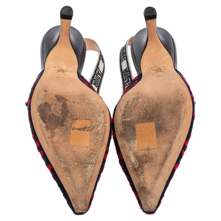 Pre Owned Dior Navy Blue/Red Heart Embossed Canvas J'Adior Slingback Pumps Size 39.5