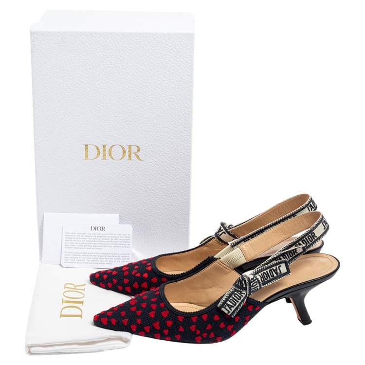 Pre Owned Dior Navy Blue/Red Heart Embossed Canvas J'Adior Slingback Pumps Size 39.5