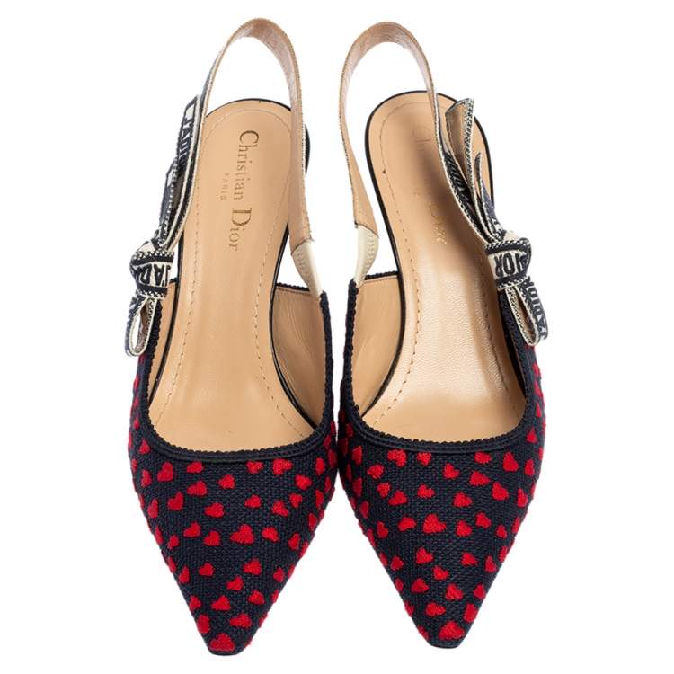 Pre Owned Dior Navy Blue/Red Heart Embossed Canvas J'Adior Slingback Pumps Size 39.5