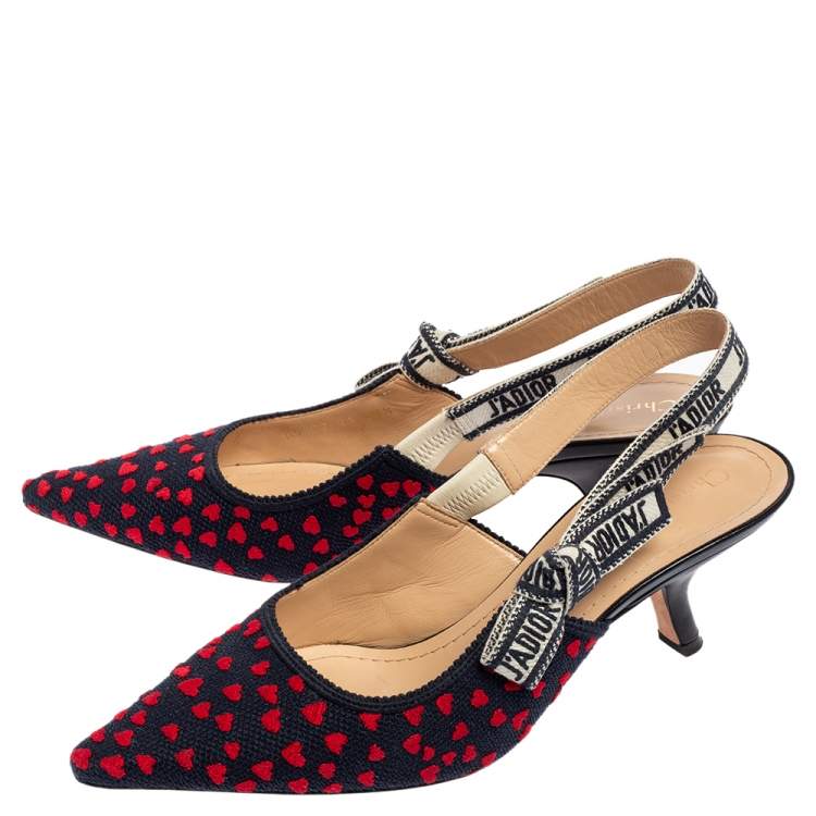 Pre Owned Dior Navy Blue/Red Heart Embossed Canvas J'Adior Slingback Pumps Size 39.5