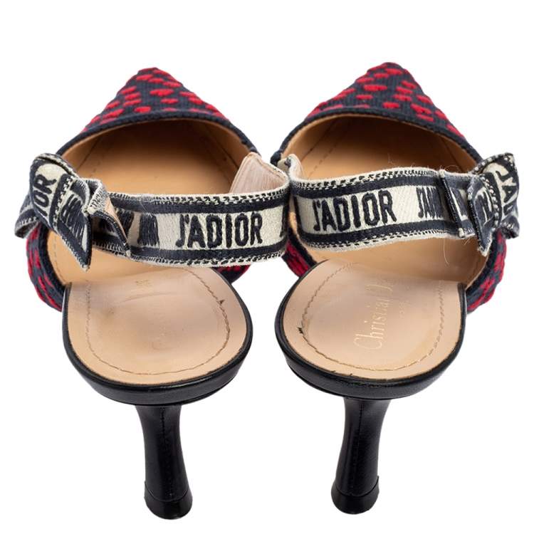 Pre Owned Dior Navy Blue/Red Heart Embossed Canvas J'Adior Slingback Pumps Size 39.5