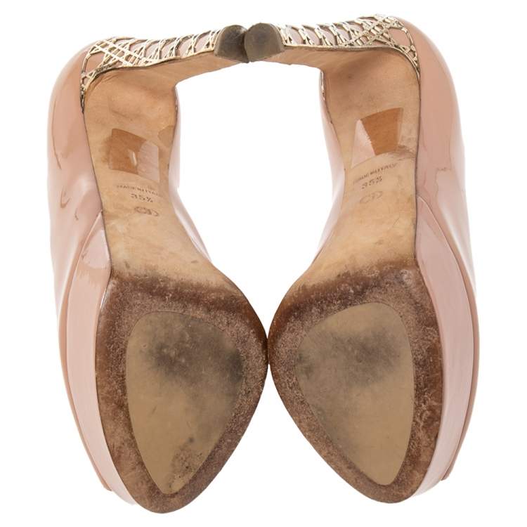 Pre Owned  Dior Beige Patent Leather Peep Toe Cannage Heel Platform Pumps Size 35.5
