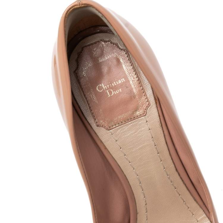 Pre Owned  Dior Beige Patent Leather Peep Toe Cannage Heel Platform Pumps Size 35.5