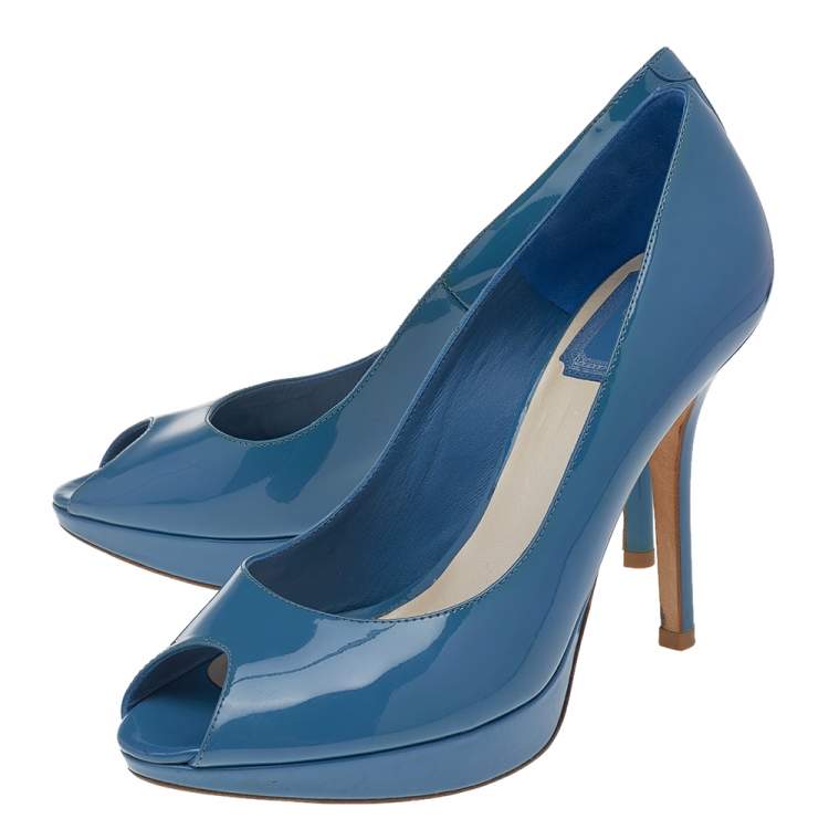 Pre Owned Dior Blue Patent Leather Miss Dior Peep Toe Platform Pumps Size 37