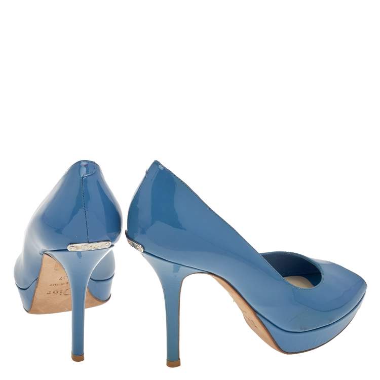 Pre Owned Dior Blue Patent Leather Miss Dior Peep Toe Platform Pumps Size 37