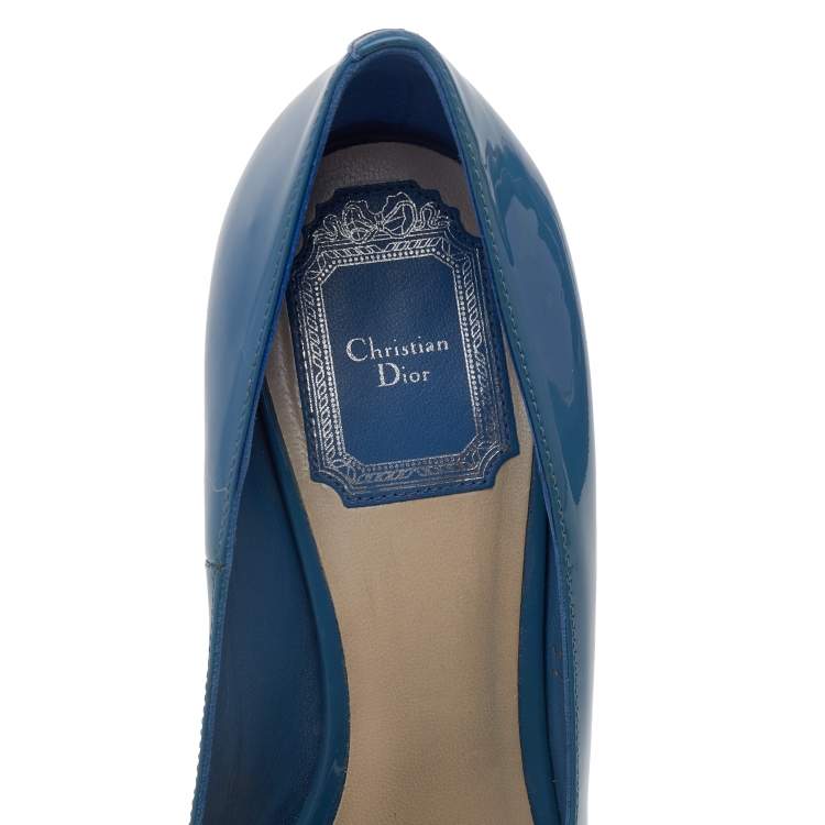 Pre Owned Dior Blue Patent Leather Miss Dior Peep Toe Platform Pumps Size 37
