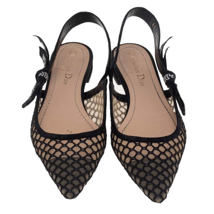 Pre Owned Dior Black Mesh And Fabric Ribbon J'Adior Slingback Flats 36