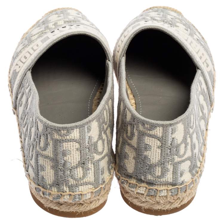Pre Owned Christian Dior Grey/White Canvas Dior-Oblique Embroidered-Espadrilles Flats Size 38