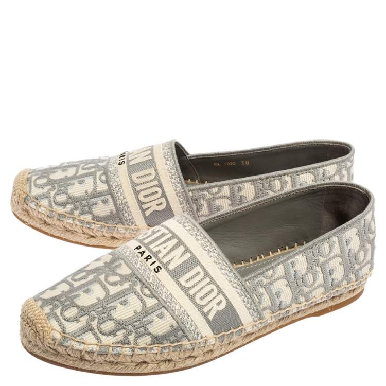 Pre Owned Christian Dior Grey/White Canvas Dior-Oblique Embroidered-Espadrilles Flats Size 38