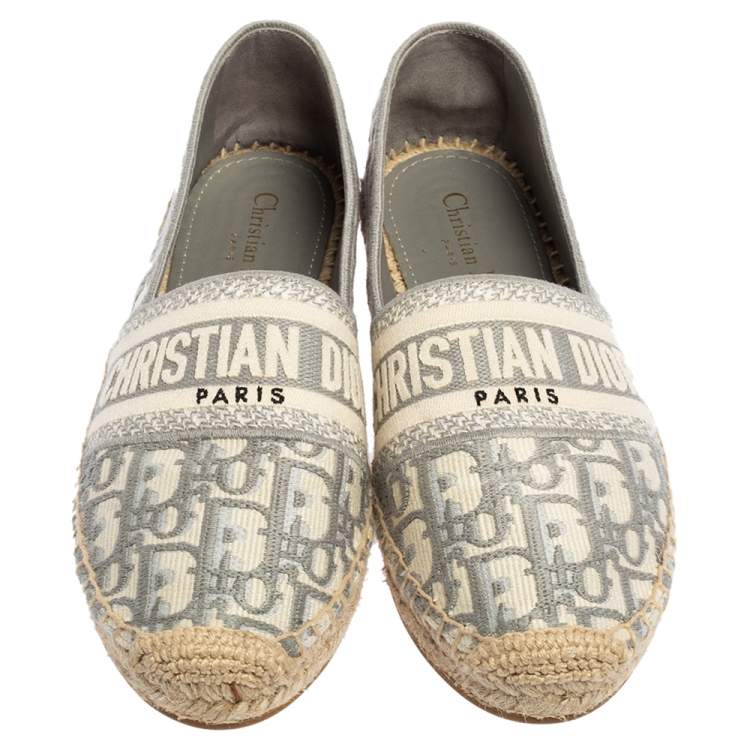 Pre Owned Christian Dior Grey/White Canvas Dior-Oblique Embroidered-Espadrilles Flats Size 38
