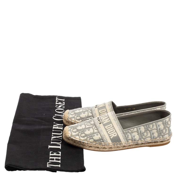 Pre Owned Christian Dior Grey/White Canvas Dior-Oblique Embroidered-Espadrilles Flats Size 38