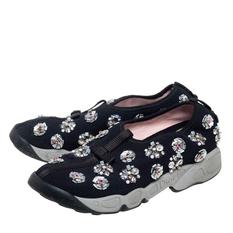 Pre Owned Dior Black Mesh Fusion Embellished Low Top Sneakers Size 36.5