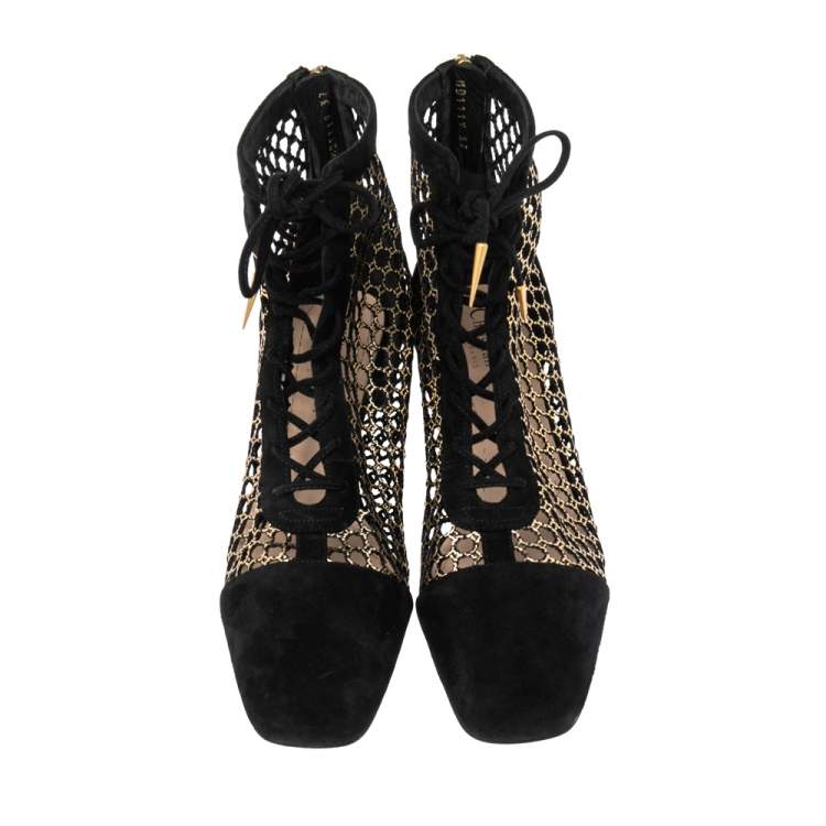 Pre Owned Dior Black Suede and Fabric Naughtily-D Ankle Boots 37