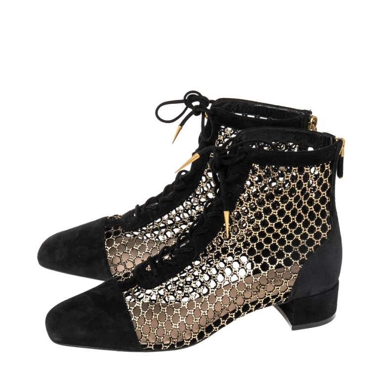 Pre Owned Dior Black Suede and Fabric Naughtily-D Ankle Boots 37