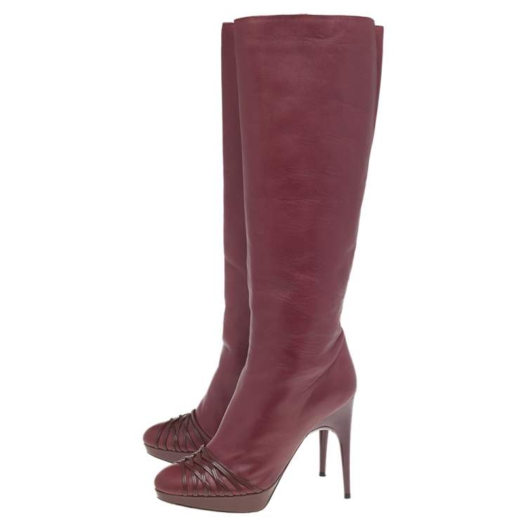 Pre Owned Dior Burgundy Leather Knee Length Boots Size 39