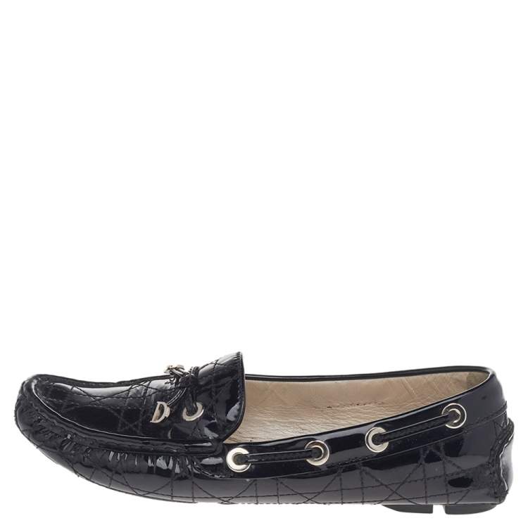 Pre Owned Dior Black Cannage Patent Leather Bow Slip On Loafers Size 36