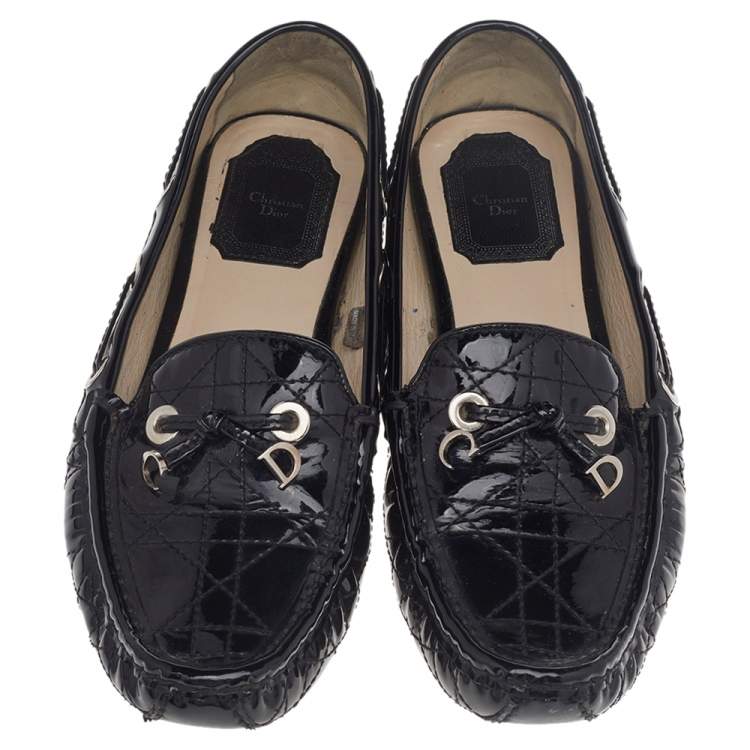 Pre Owned Dior Black Cannage Patent Leather Bow Slip On Loafers Size 36