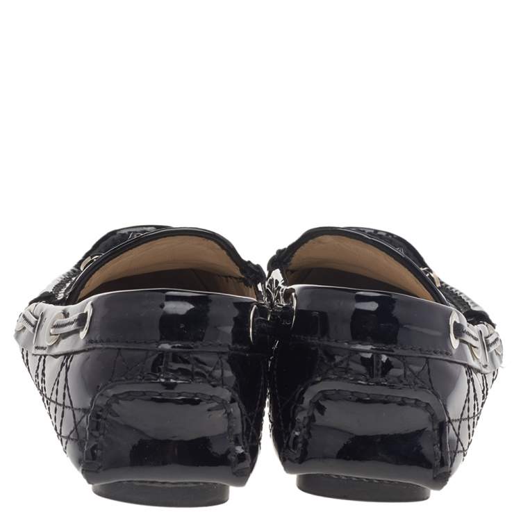 Pre Owned Dior Black Cannage Patent Leather Bow Slip On Loafers Size 36