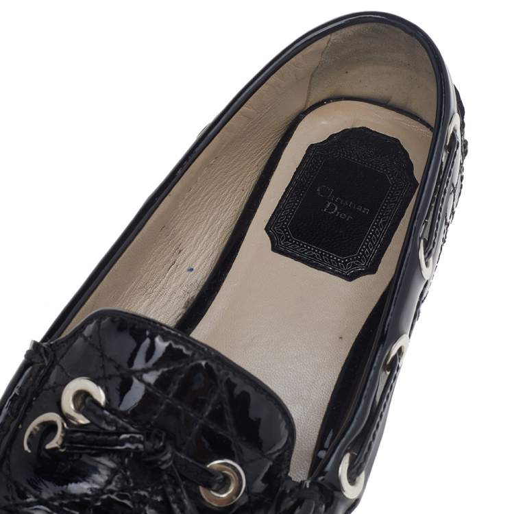 Pre Owned Dior Black Cannage Patent Leather Bow Slip On Loafers Size 36