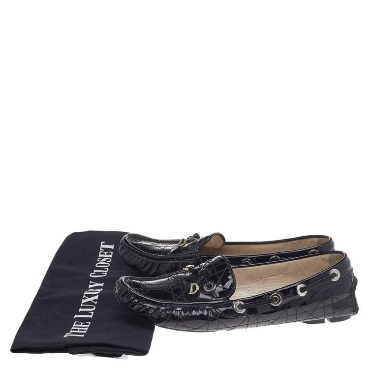 Pre Owned Dior Black Cannage Patent Leather Bow Slip On Loafers Size 36
