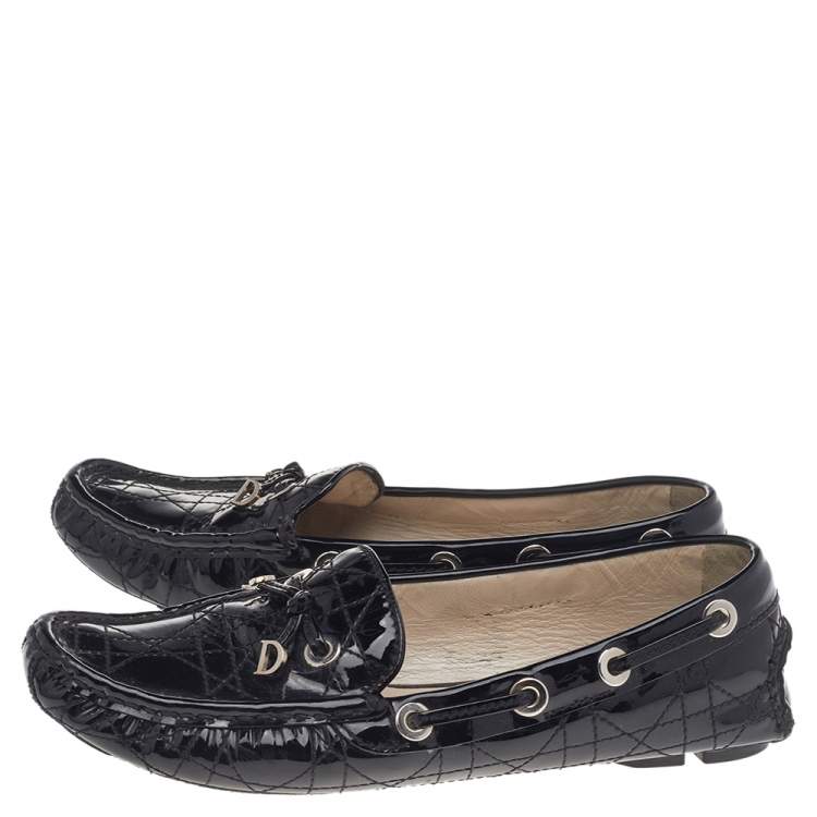 Pre Owned Dior Black Cannage Patent Leather Bow Slip On Loafers Size 36