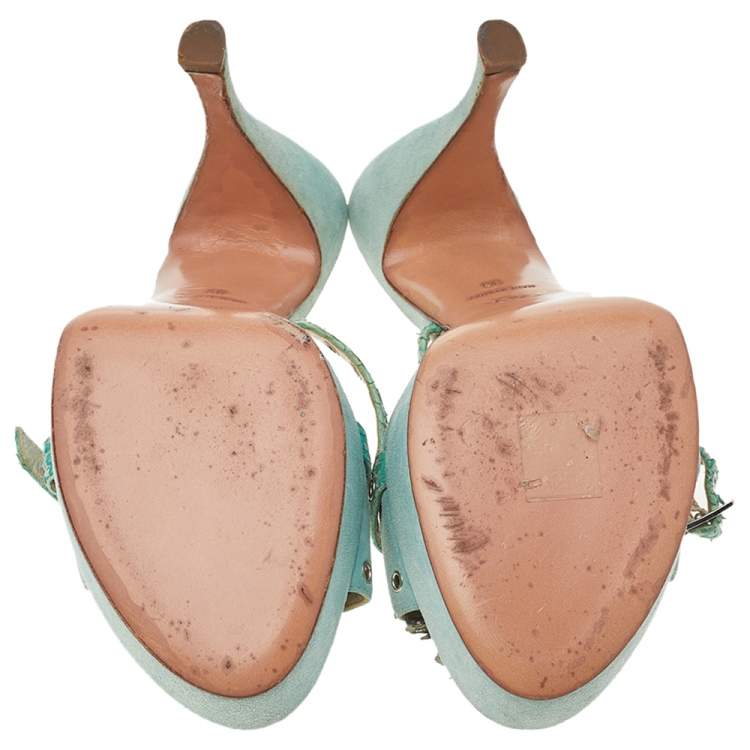Pre Owned Dior Aqua Green Suede And Python Embossed Leather Eyelet Detail Platform Slide Sandals Size 39