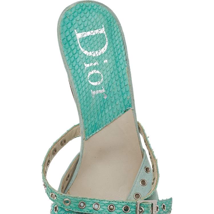 Pre Owned Dior Aqua Green Suede And Python Embossed Leather Eyelet Detail Platform Slide Sandals Size 39
